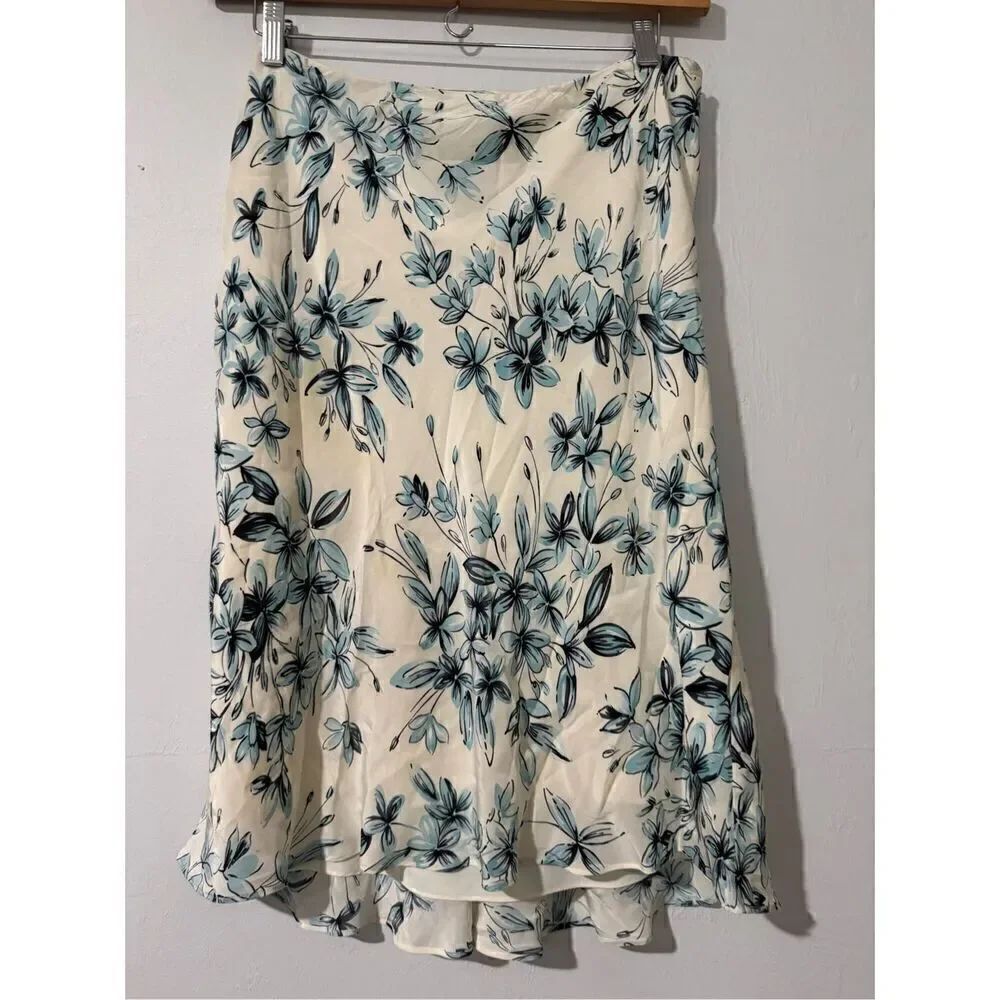 Ann Taylor Loft 100% silk blue floral skirt 16